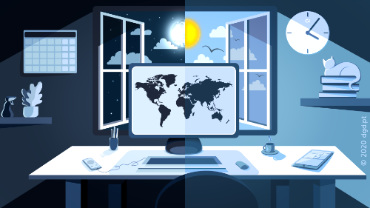 απεικόνιση του γραφείου φορητού υπολογιστή μέρα και νύχτα σε τηλεργασία από το περιβάλλον στο σπίτι