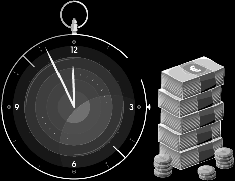 εικόνα αναλογικού ρολογιού με δέσμες δολαρίων για αποδοτικότητα και εξοικονόμηση χρόνου και χρημάτων